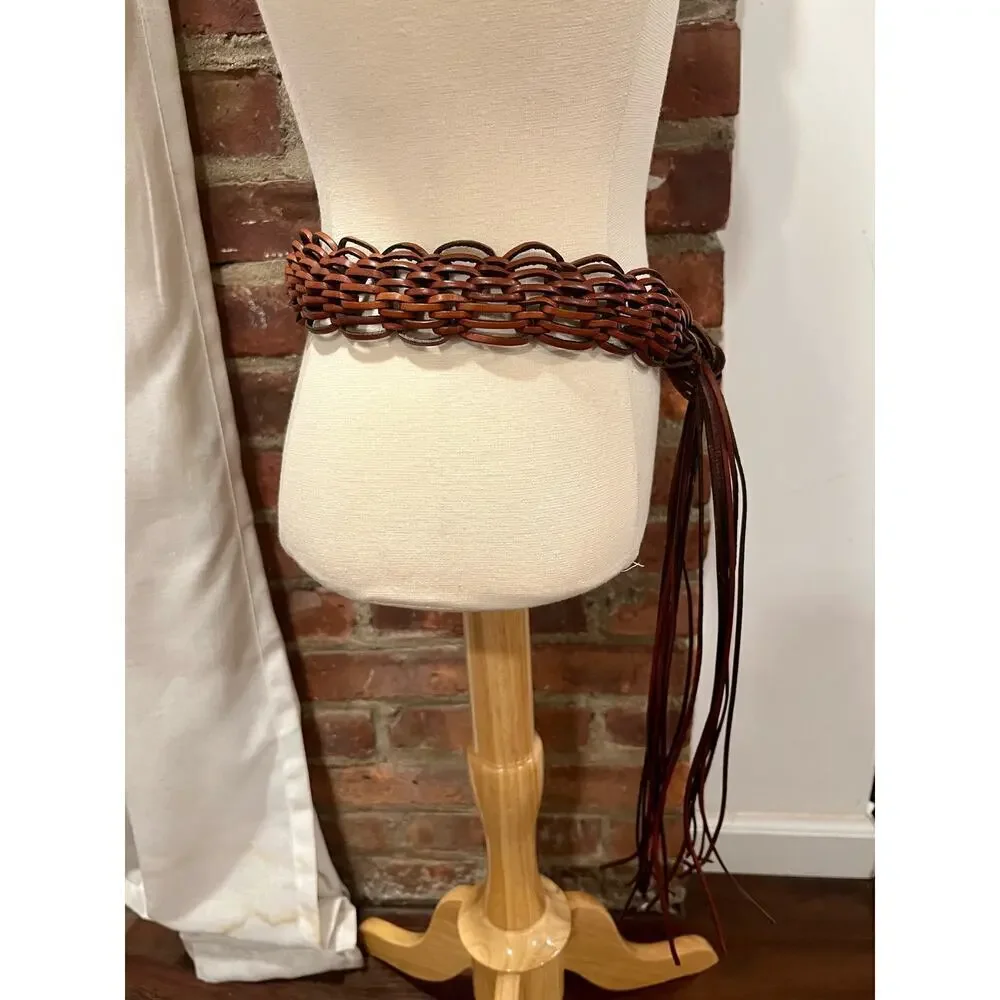 Womens Vintage Boho Western Fringe Brown Leather Belt Small Medium